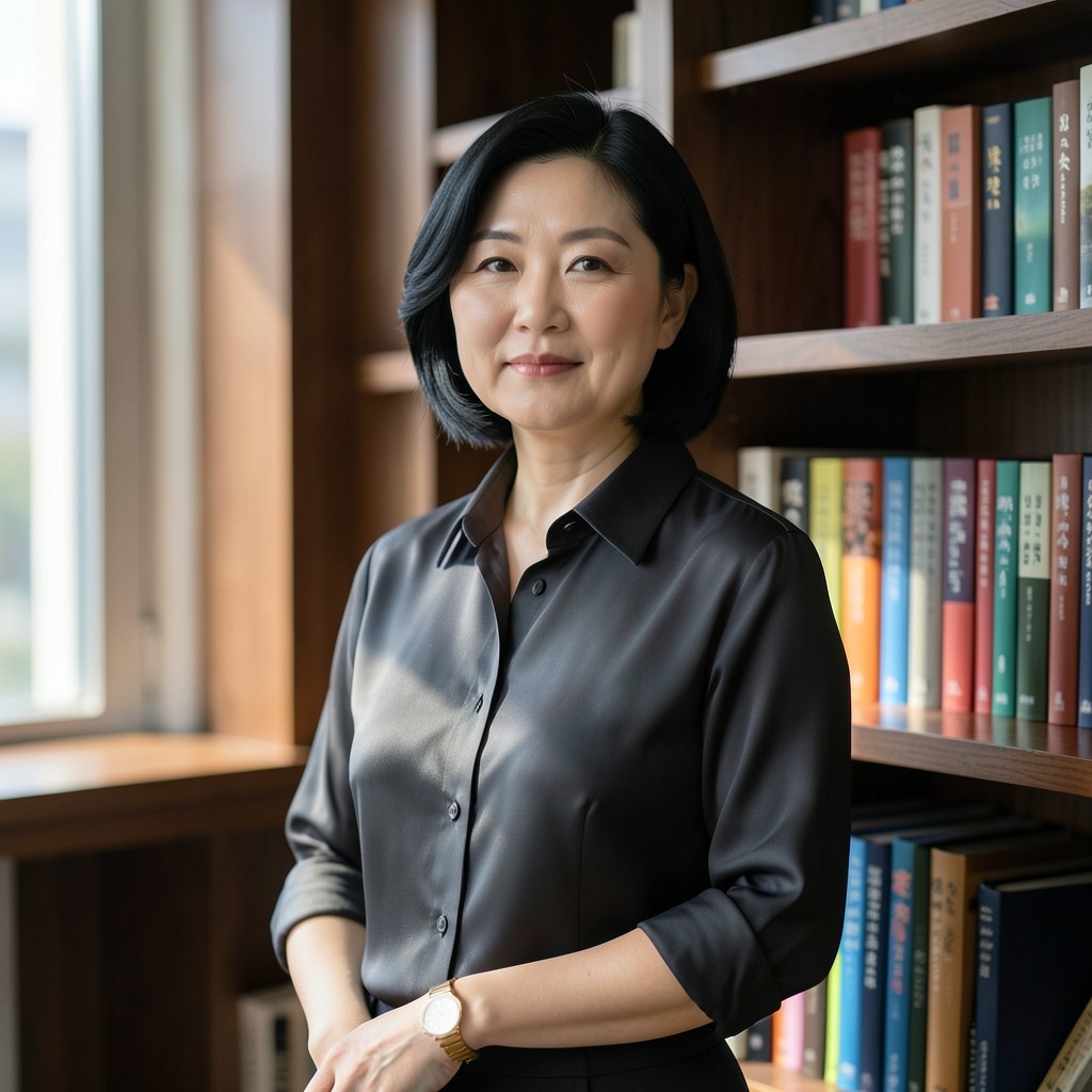 Portrait of a woman in a charcoal blouse beside bookshelves in a reading room
