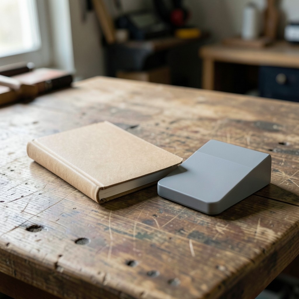 A closed notebook beside an unbranded card terminal on a wooden shop counter