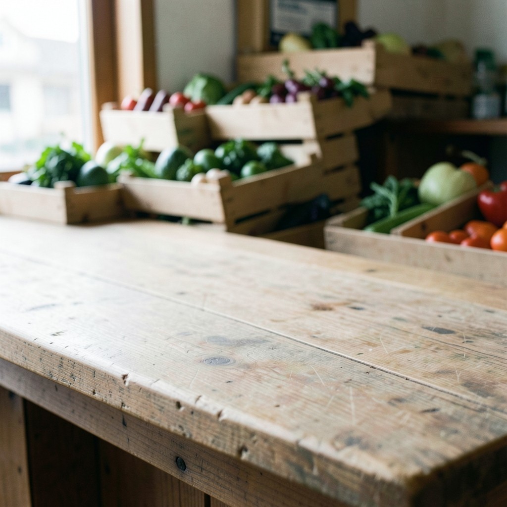 Morning light on a plain food-shop counter with crates in soft focus