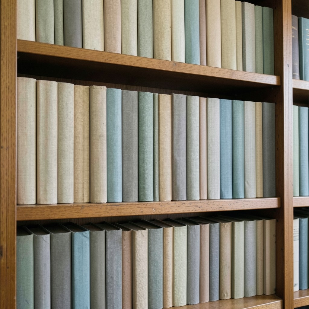 Neutral cloth-bound volumes lined on wooden shelves in a quiet reading room