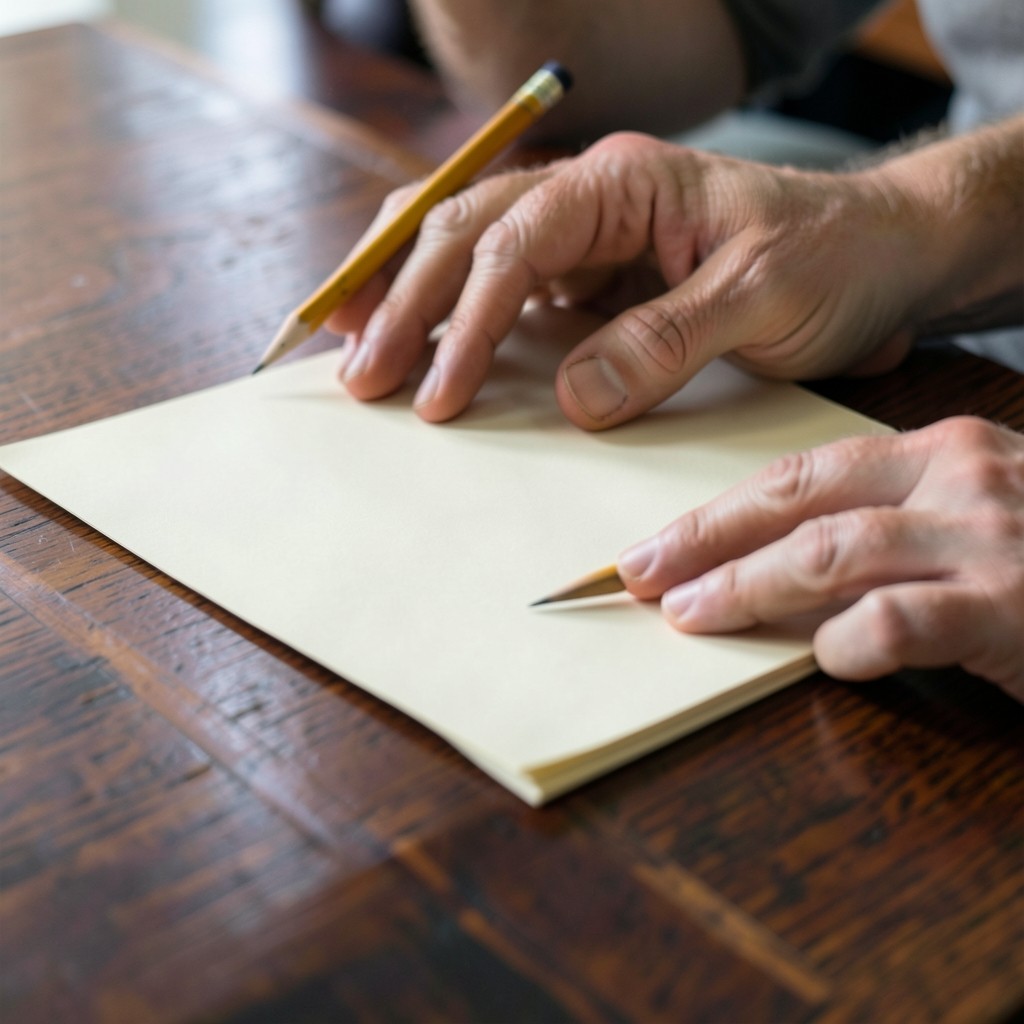 Hands resting on a blank sheet with a pencil in a reading room