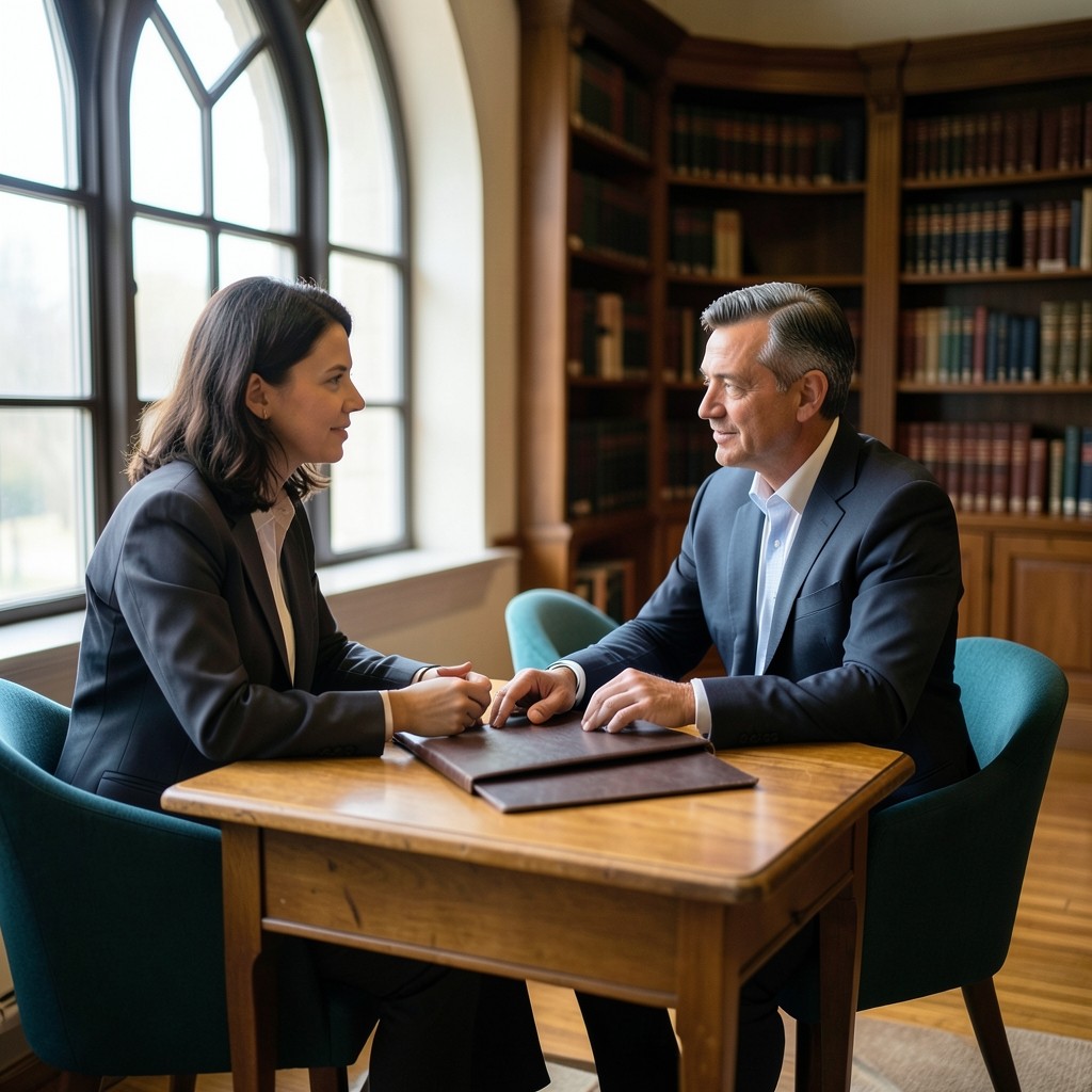 Two adults in conversation at a window desk in a quiet reading room