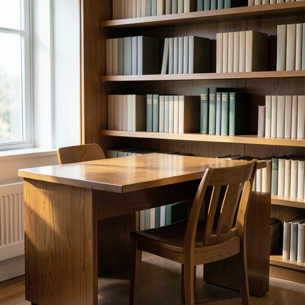 An empty oak desk facing plain cloth-bound volumes on open shelves