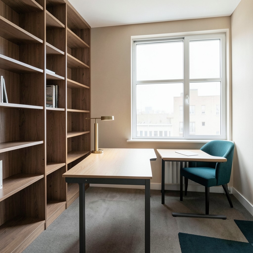 Wide view of a reading room with shelves, a window, and empty desks