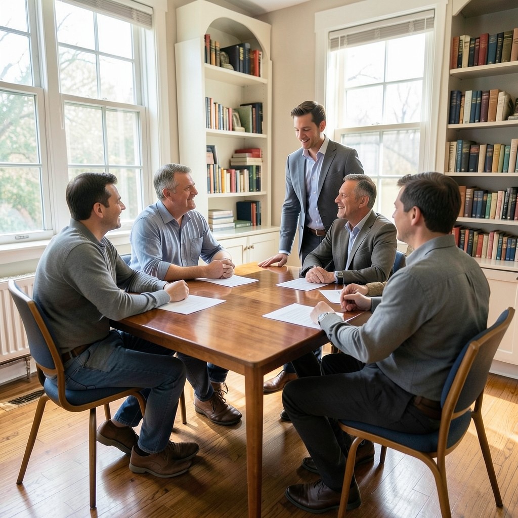 Adults seated around a wooden table in a bright reading room during a morning study session