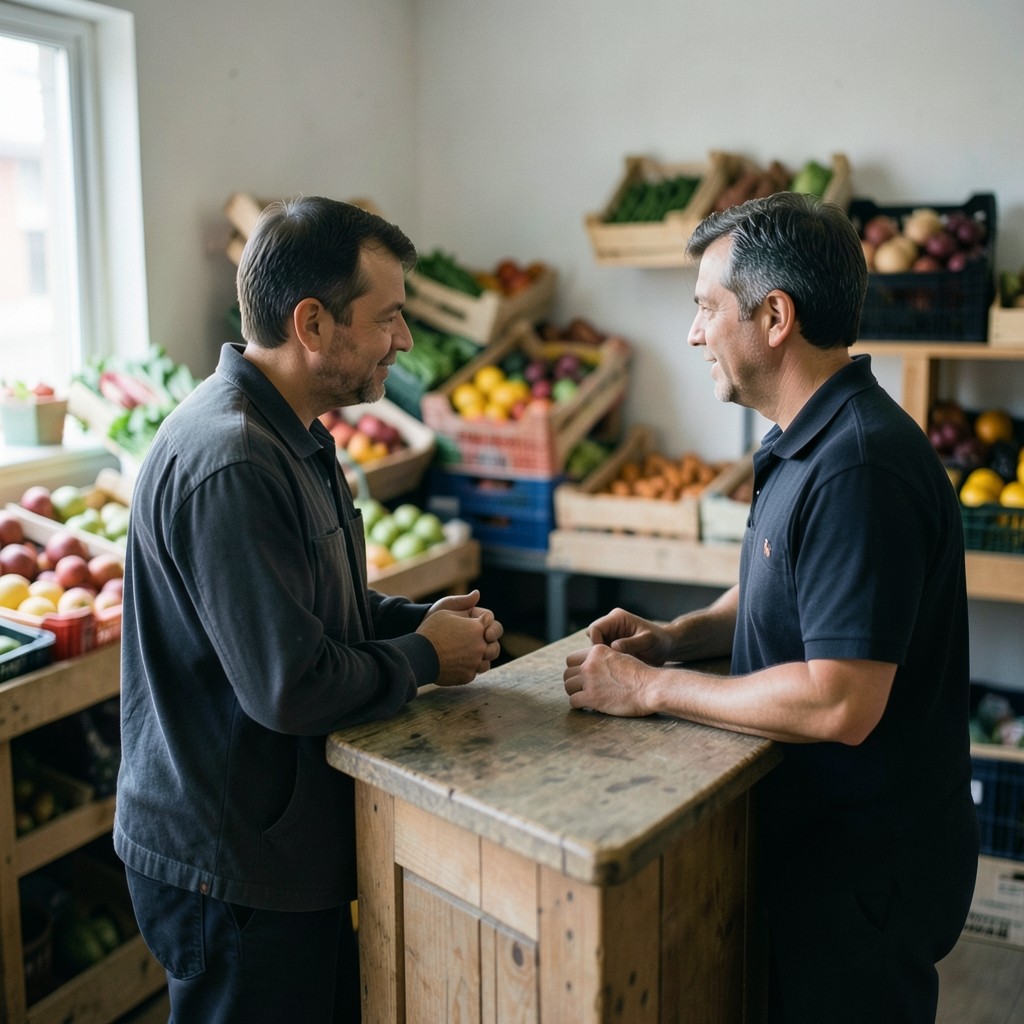 A shopkeeper and a visitor talking beside a plain counter in a small food shop